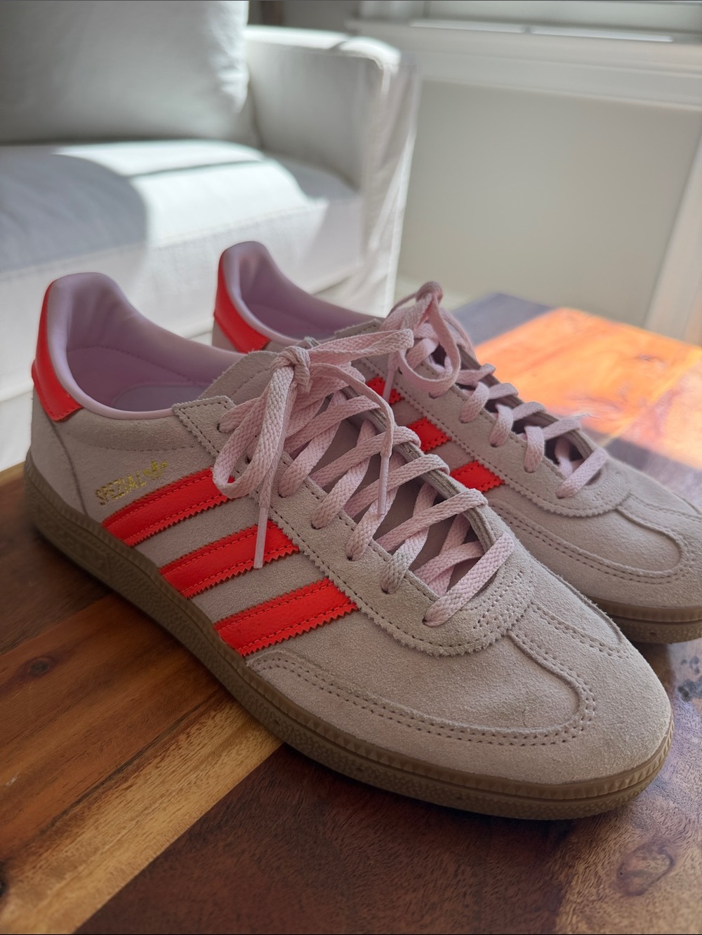 Women’s Adidas Handball Spezial Sneakers in Light Pink with Neon Accents